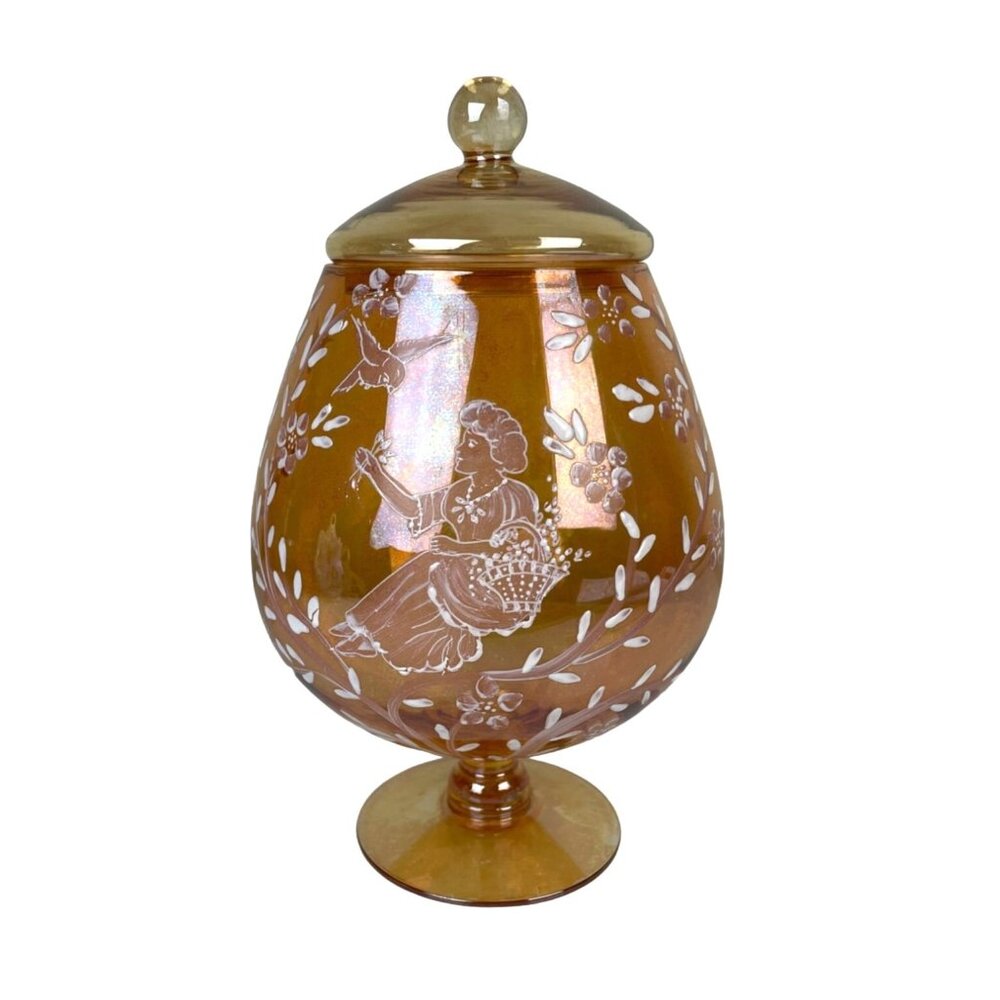Orange Iridescent Hand Painted Flower Lady Bird Vines Glass Art Canister w/ Lid